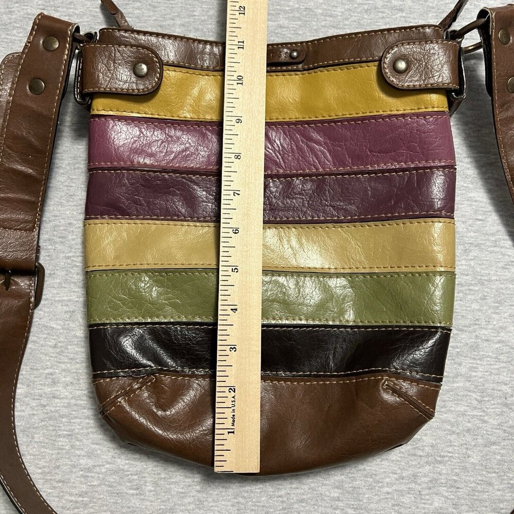 VTG Axcess Satchel Bag Rainbow Earth Tones Patchwork Boho PVC Crossbody Vegan - Picture 7 of 12